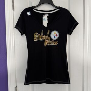 NFL Pittsburgh Steelers V-Neck Shirt Top Black Glitter Logo Size Medium NWT